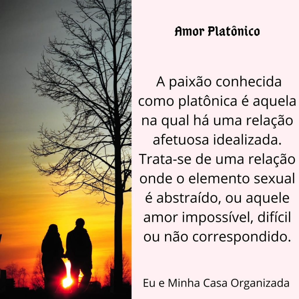 Tipo e Linguagem de Amor não correspondida e sem conotação sexual. Um quadro dividido na vertical lado direito a silhoueta preta de uma árvore com galhos altos sem folhas ede um casal em pé contemplando o pôr do sol do lado esquerdo um texto preto em fundo rosa